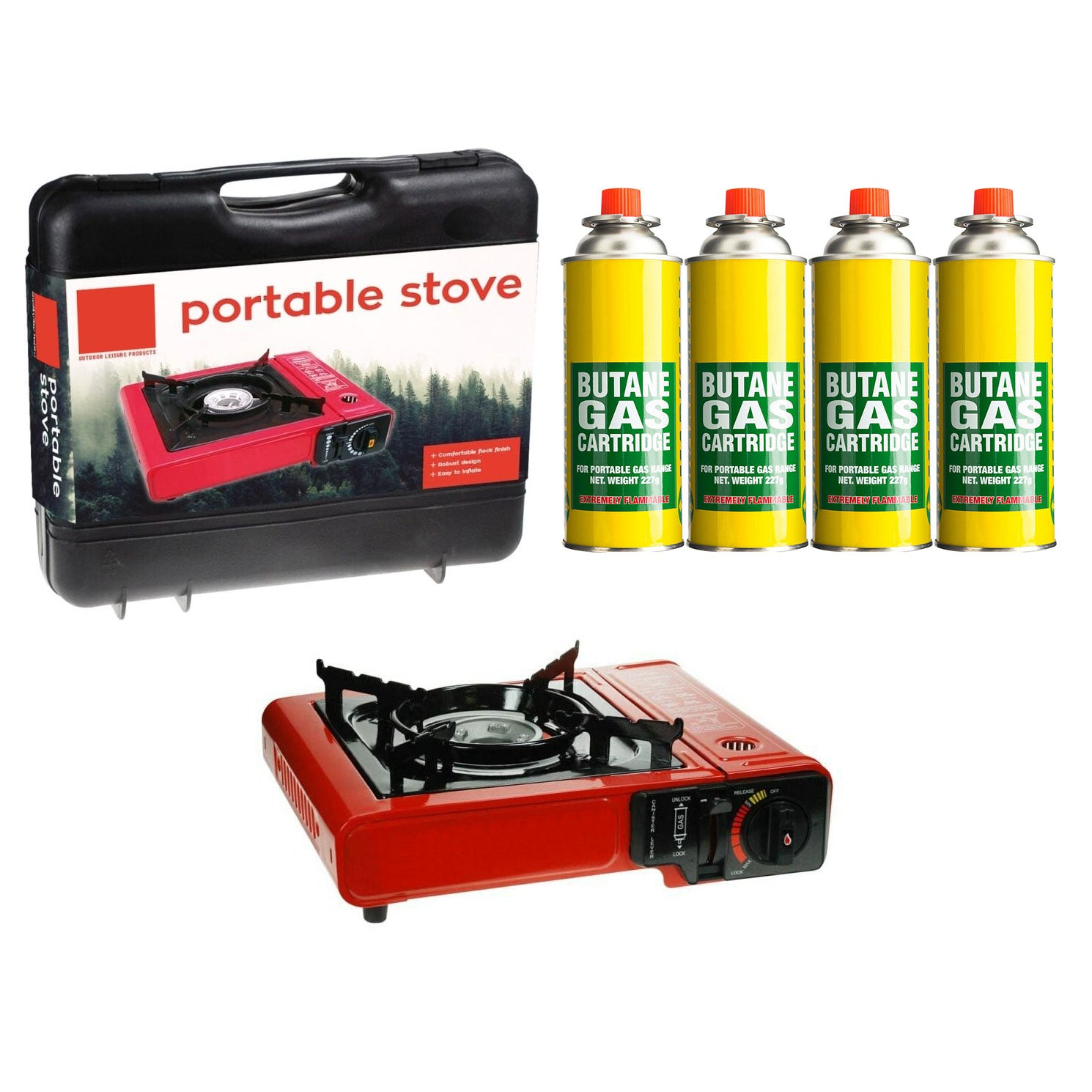 Camping Gas Stove with Case and 4 Gas Can Cylinders Emergency Gas Shortage Kit Camping Gas Stove with Case and 4 Gas Can Cylinders Emergency Gas Shortage Kit